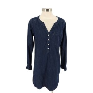 Express Denim Shift Shirt Dress Dark Wash Long Sleeve Button V Neck Large